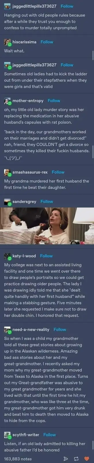 A screenshot of a social media thread where users share darkly humorous stories about elderly relatives committing murder…