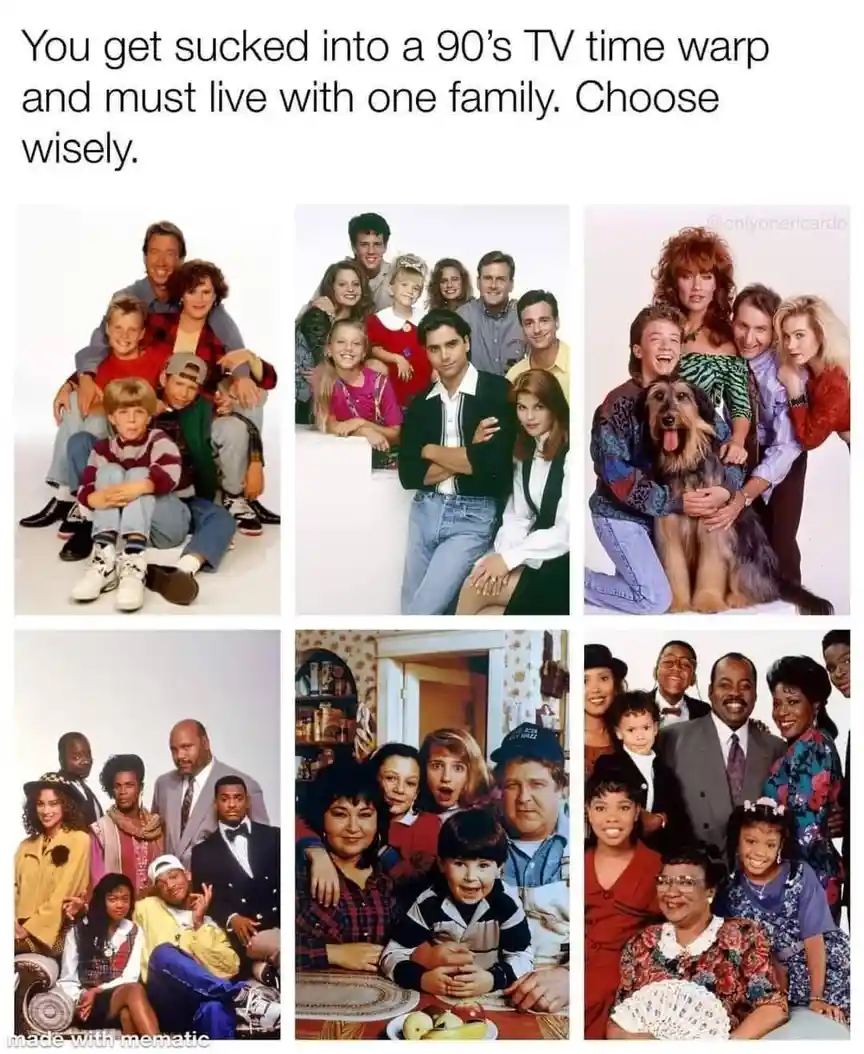 The image displays six promotional photos of popular 1990s American TV families arranged in a 2x3 grid. Each photo shows a…