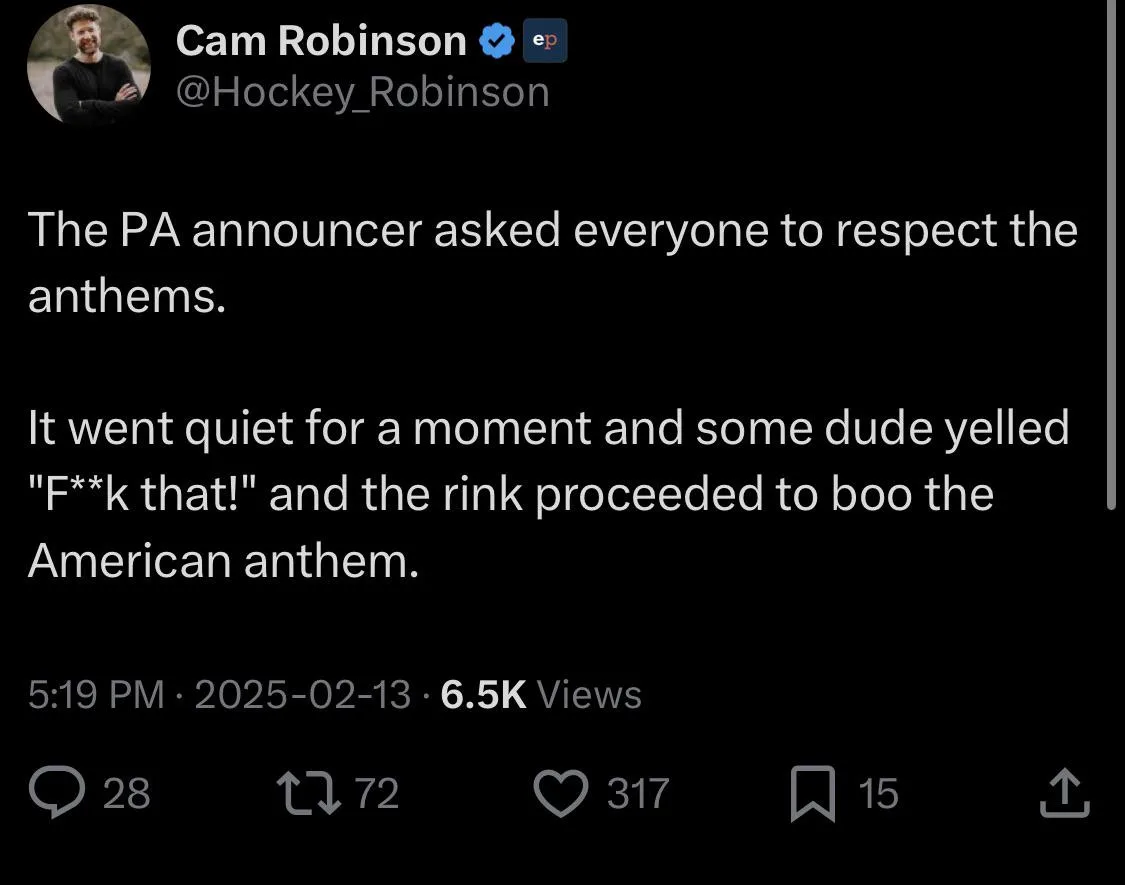 A screenshot of a tweet by Cam Robinson showing a story about a hockey rink where a fan yelled 'F**k that!' after a PA…