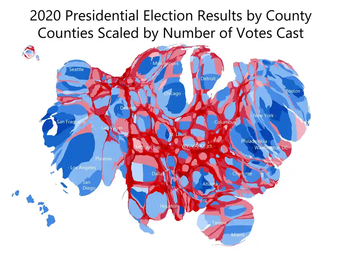 A map of the United States showing 2020 presidential election results by county, scaled by vote count, with blue and red…