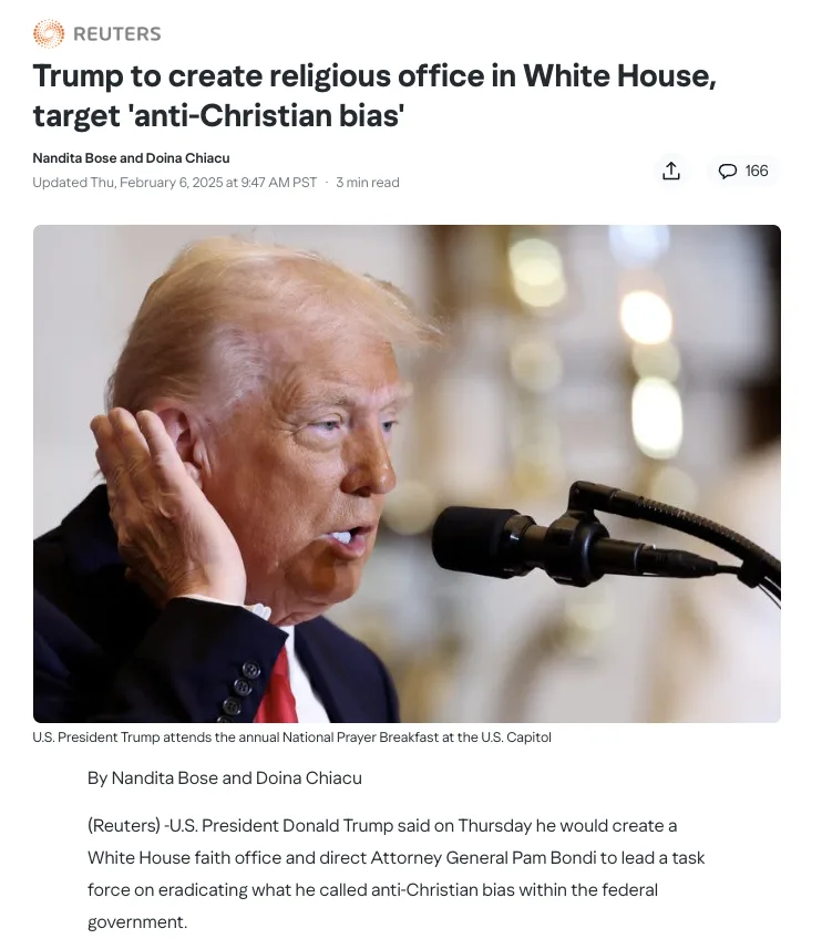A screenshot of a Reuters news article from February 6, 2025, featuring a photo of Donald Trump speaking into a microphone…