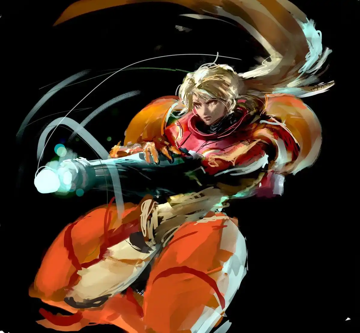 A dynamic anime-style illustration shows a blonde-haired character in red and orange armor, mid-action, firing a glowing…