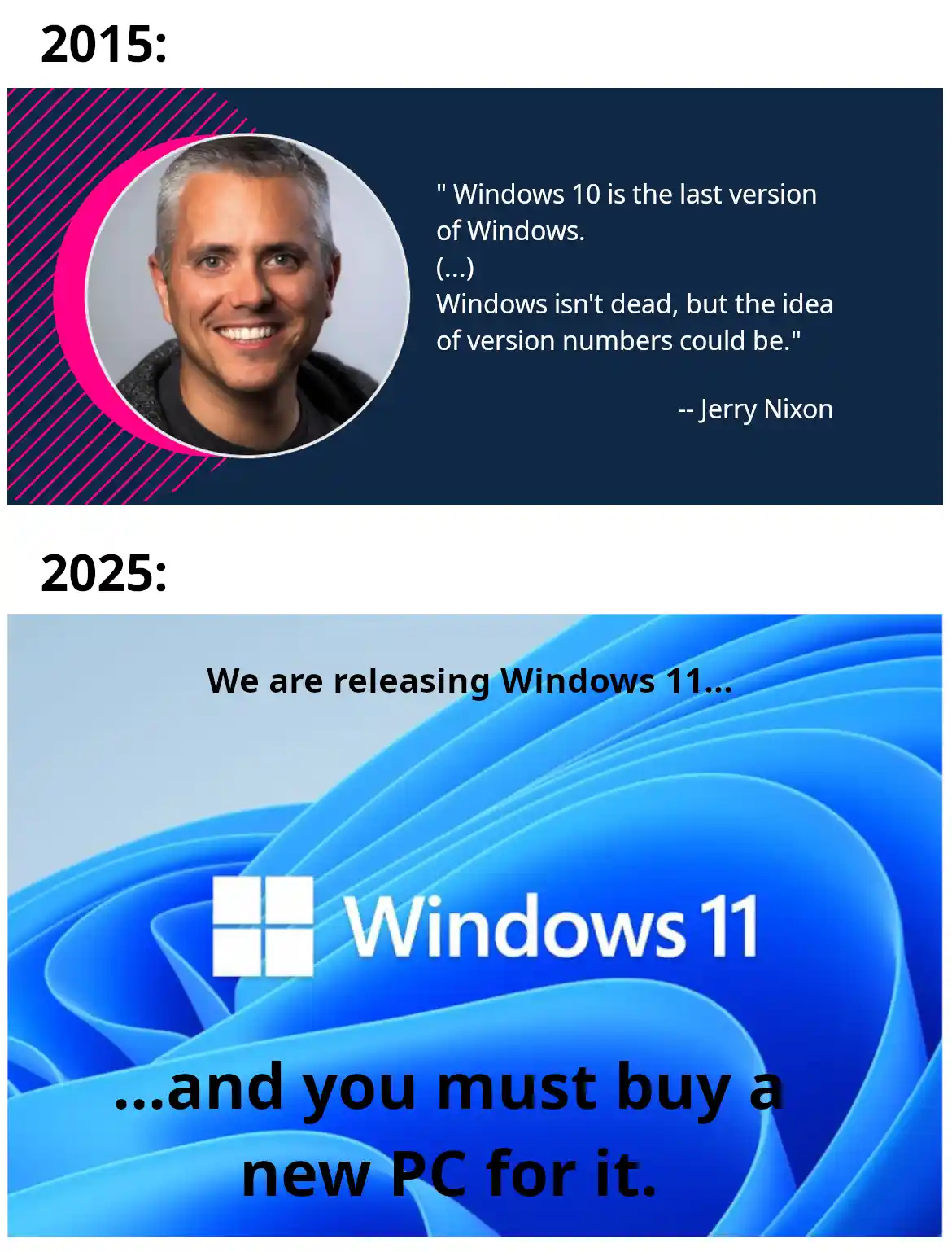 The meme contrasts a 2015 quote from Jerry Nixon claiming Windows 10 was the last version with a 2025 image of Windows 11's…