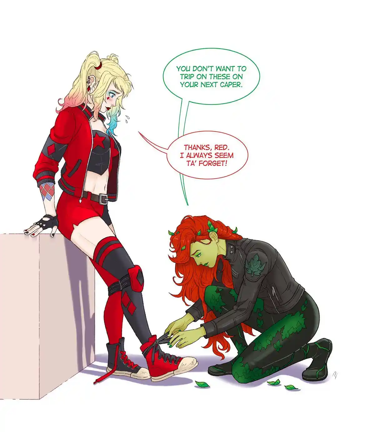 Harley Quinn, in her red and black outfit, leans against a box while Poison Ivy, in her green leaf-patterned suit, kneels to…