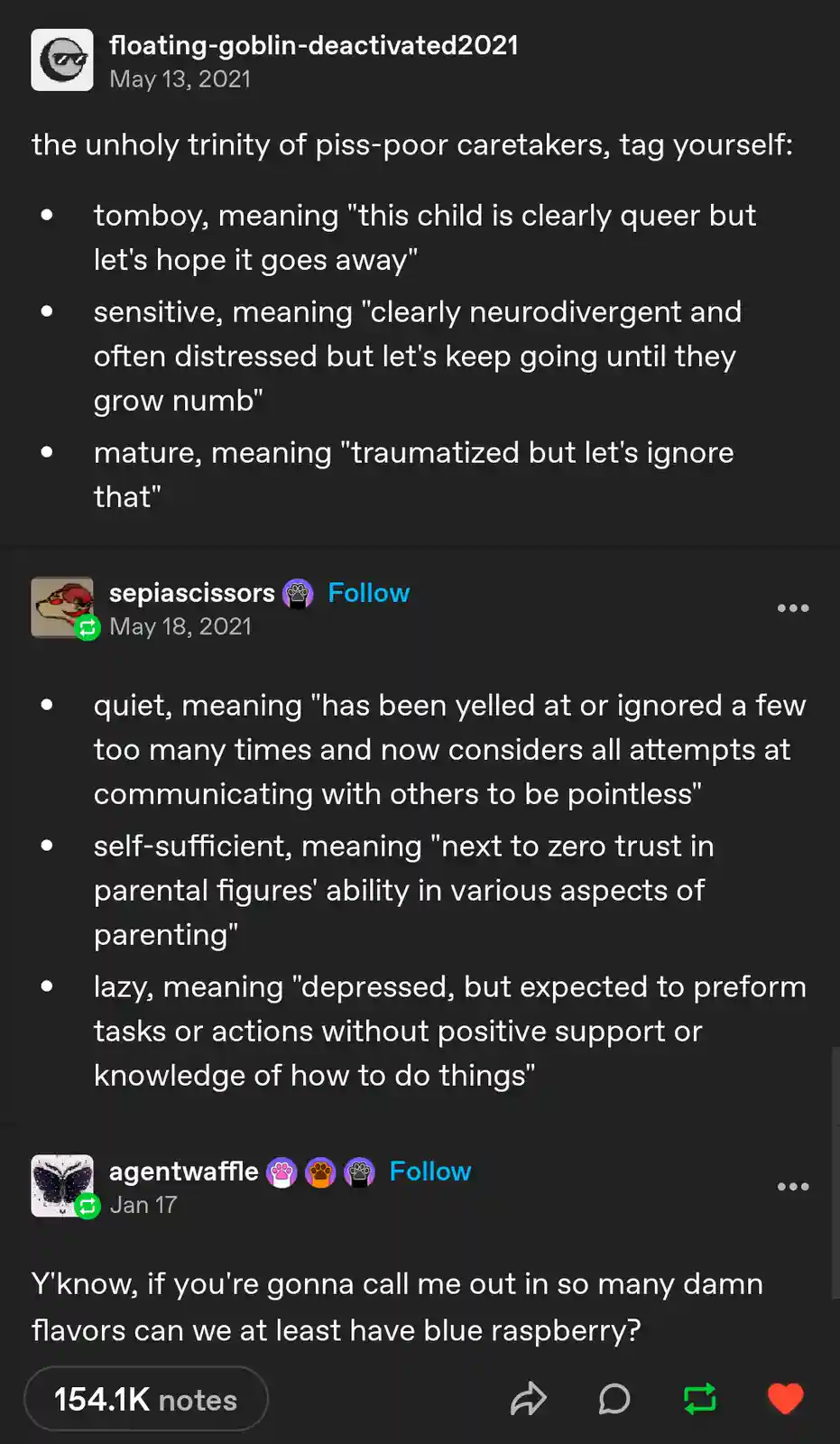 A screenshot of a social media thread where users list derogatory definitions for child-rearing terms like 'tomboy,'…