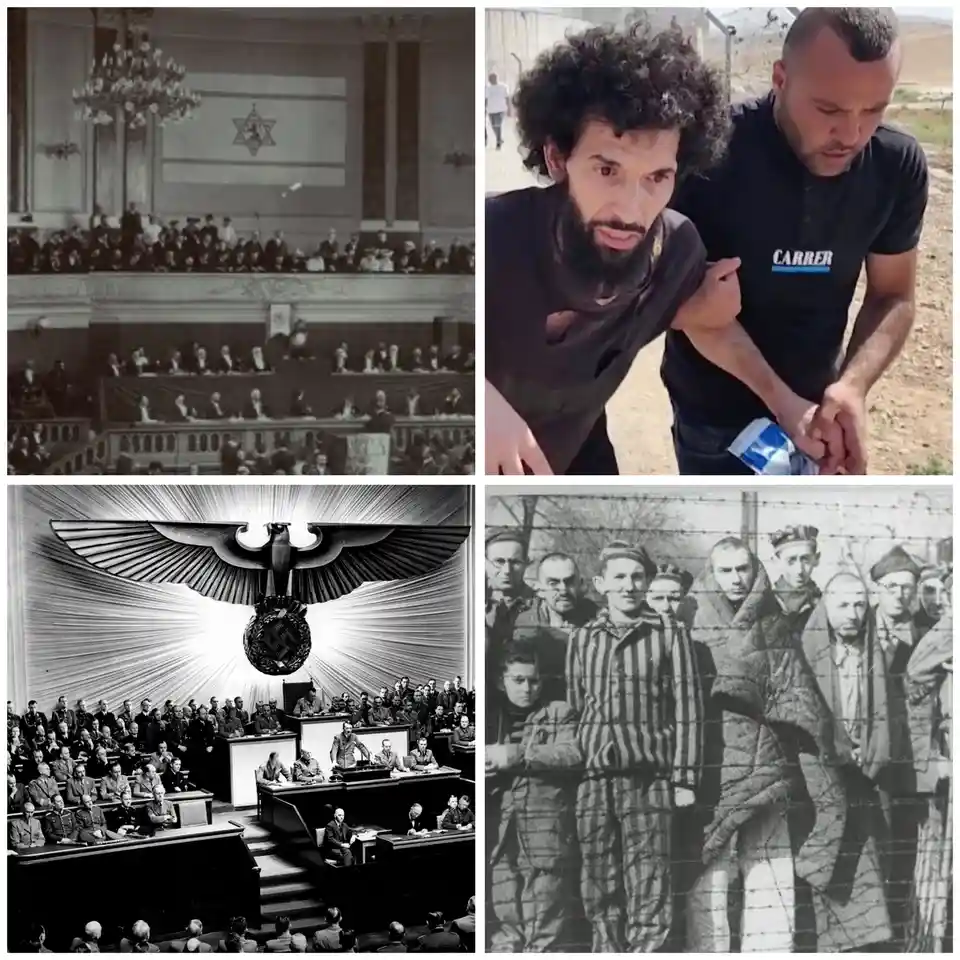 This four-panel image collage juxtaposes historical photos of Nazi Germany and Israel with a modern photo of two men. The…