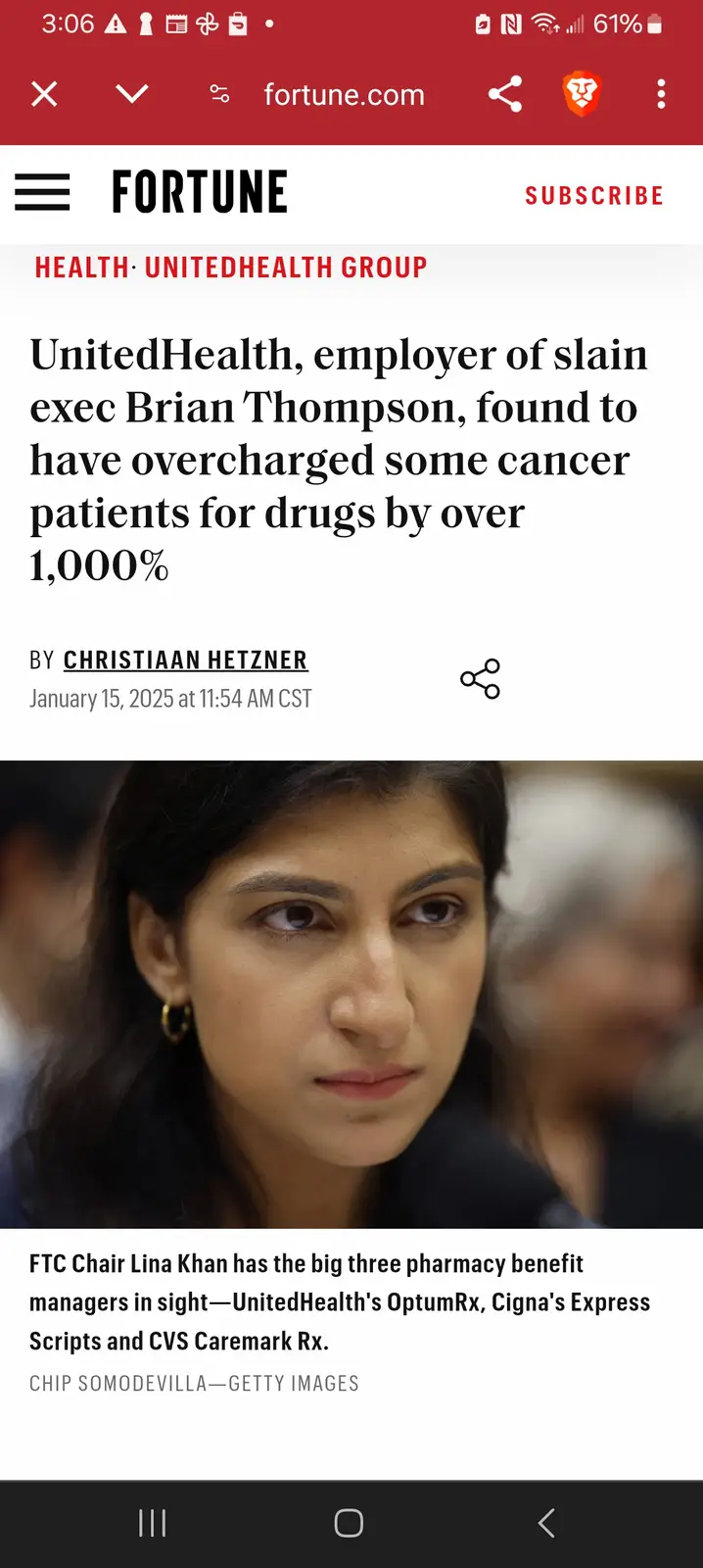 A screenshot of a Fortune.com article headline about UnitedHealth overcharging cancer patients by over 1000%, overlaid with…
