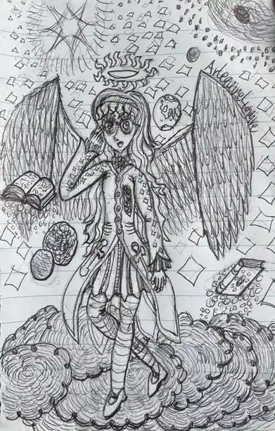 A hand-drawn black-and-white sketch on lined notebook paper depicts a stylized angelic figure with large, detailed wings…