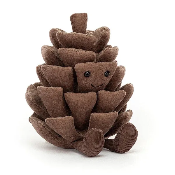 A brown, plush, stuffed pinecone toy with a smiling face, black button eyes, and small feet, sitting upright against a plain…