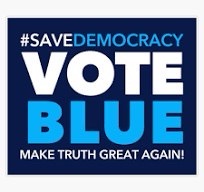 A blue political campaign poster with bold white and light blue text. The top reads '#SAVEDEMOCRACY', the center says 'VOTE…