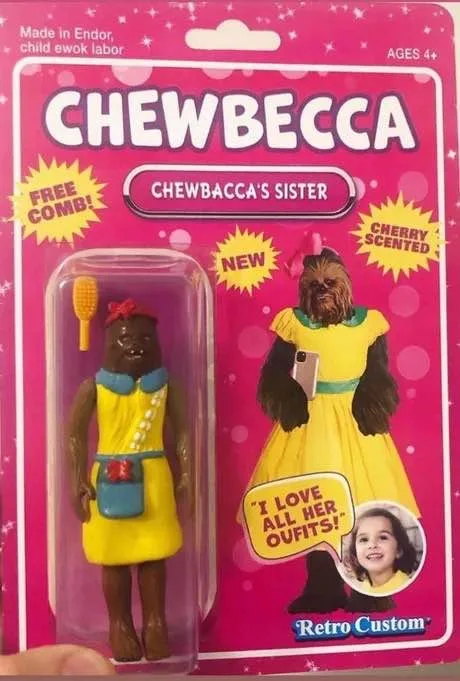 A pink toy packaging for a fictional 'Chewbecca', labeled as 'Chewbacca's Sister', features a plastic figure of a…