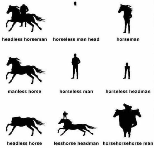 A grid of nine black silhouettes showing various combinations of a horse and a man, some missing heads or bodies, each…