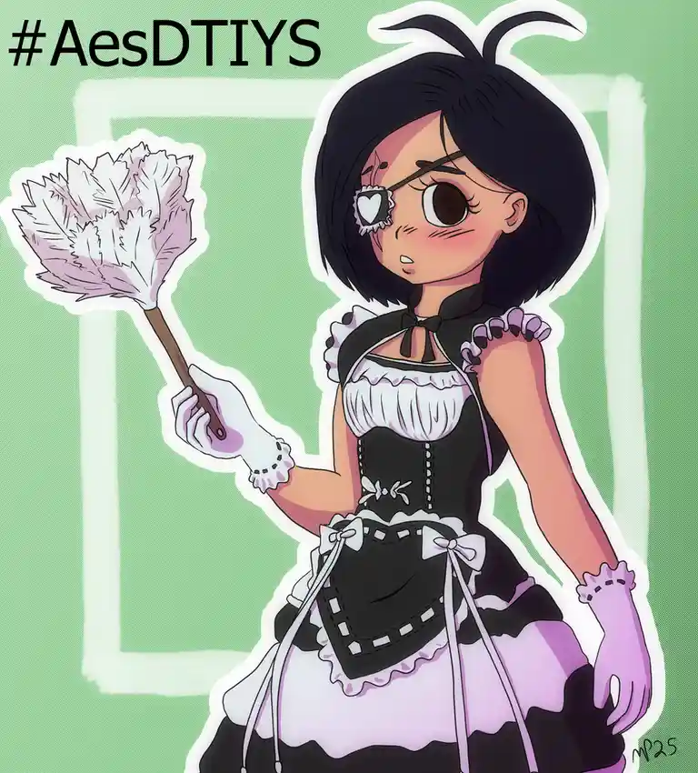 An anime-style illustration of a young woman with short black hair and an eyepatch over her left eye, wearing a black and…