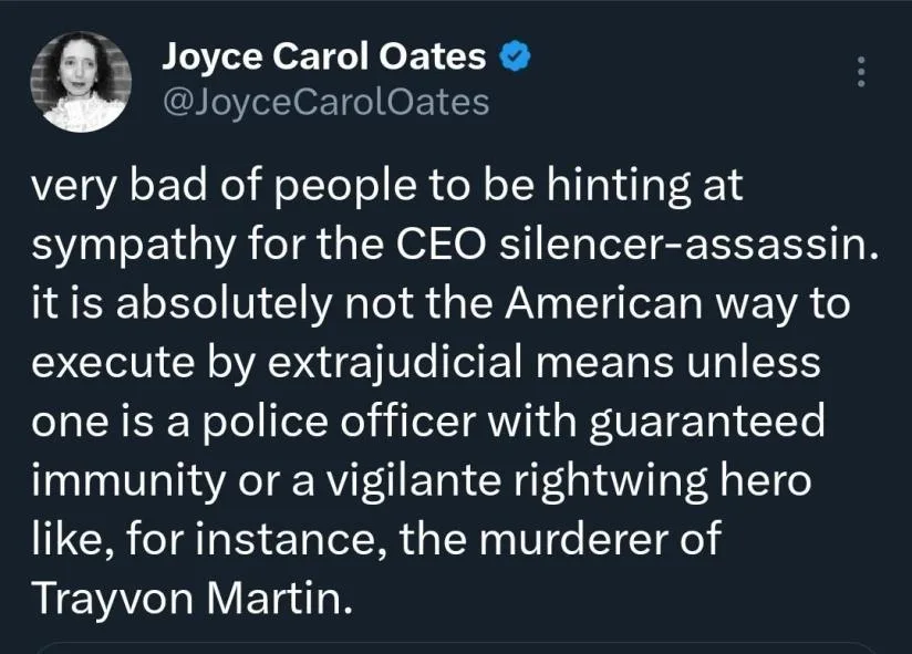 A screenshot of a tweet from Joyce Carol Oates' verified Twitter account, displaying her text criticizing sympathy for a CEO…