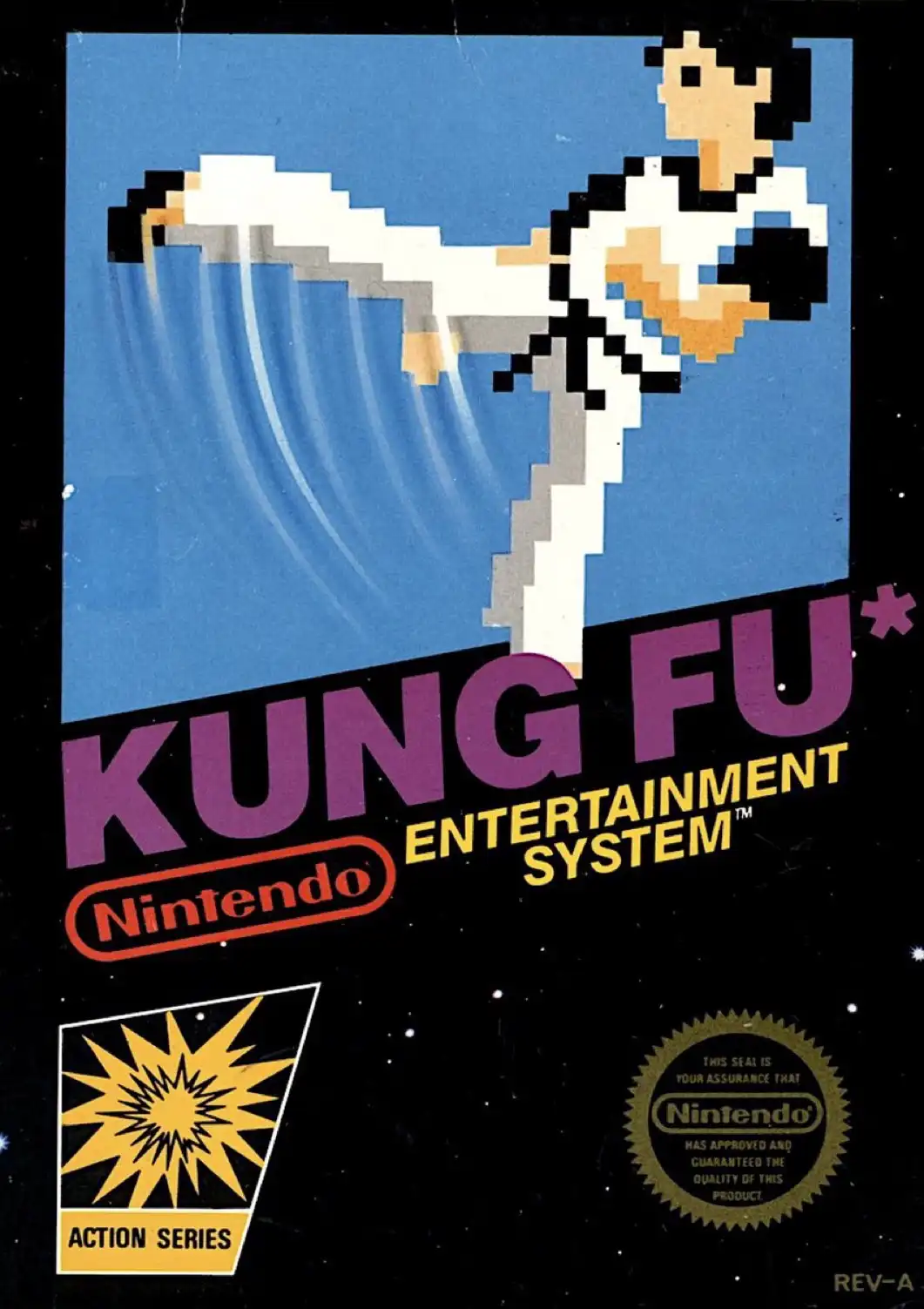 The image is the cover art for the Nintendo Entertainment System game 'Kung Fu', featuring a pixelated martial artist in a…
