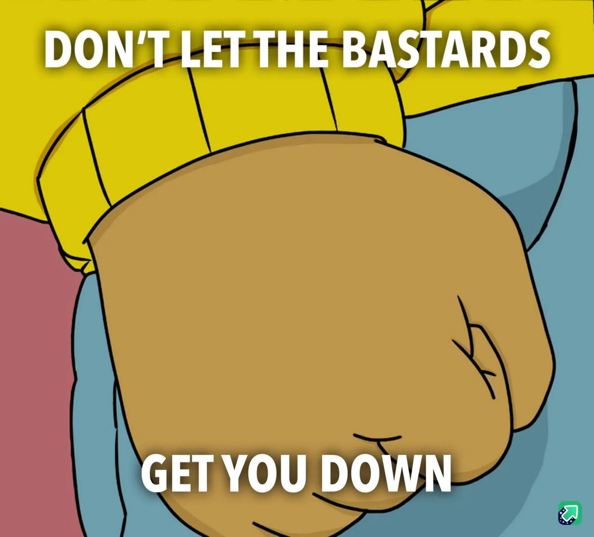 A close-up cartoon image of a clenched fist, likely belonging to a character wearing a yellow shirt and blue pants, with the…