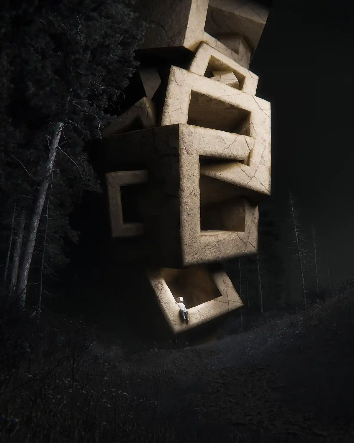A person in a white outfit sits inside a brightly lit, recessed square within a massive, surreal, stone-like structure…