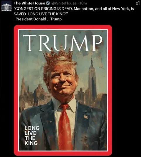 An image of Donald Trump wearing a crown and a suit with a red tie, set against a New York City skyline. The word 'TRUMP' is…