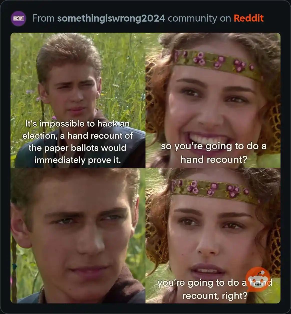 A four-panel meme using scenes from 'The Princess Bride' where the male character confidently states it's impossible to hack…