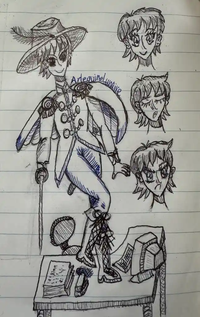 A hand-drawn anime-style character sketch on lined notebook paper, featuring a full-body figure in a detailed costume with a…