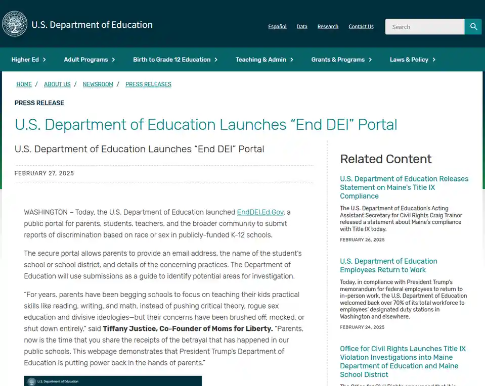 A screenshot of a U.S. Department of Education press release dated February 27, 2025, announcing the launch of an "End DEI"…