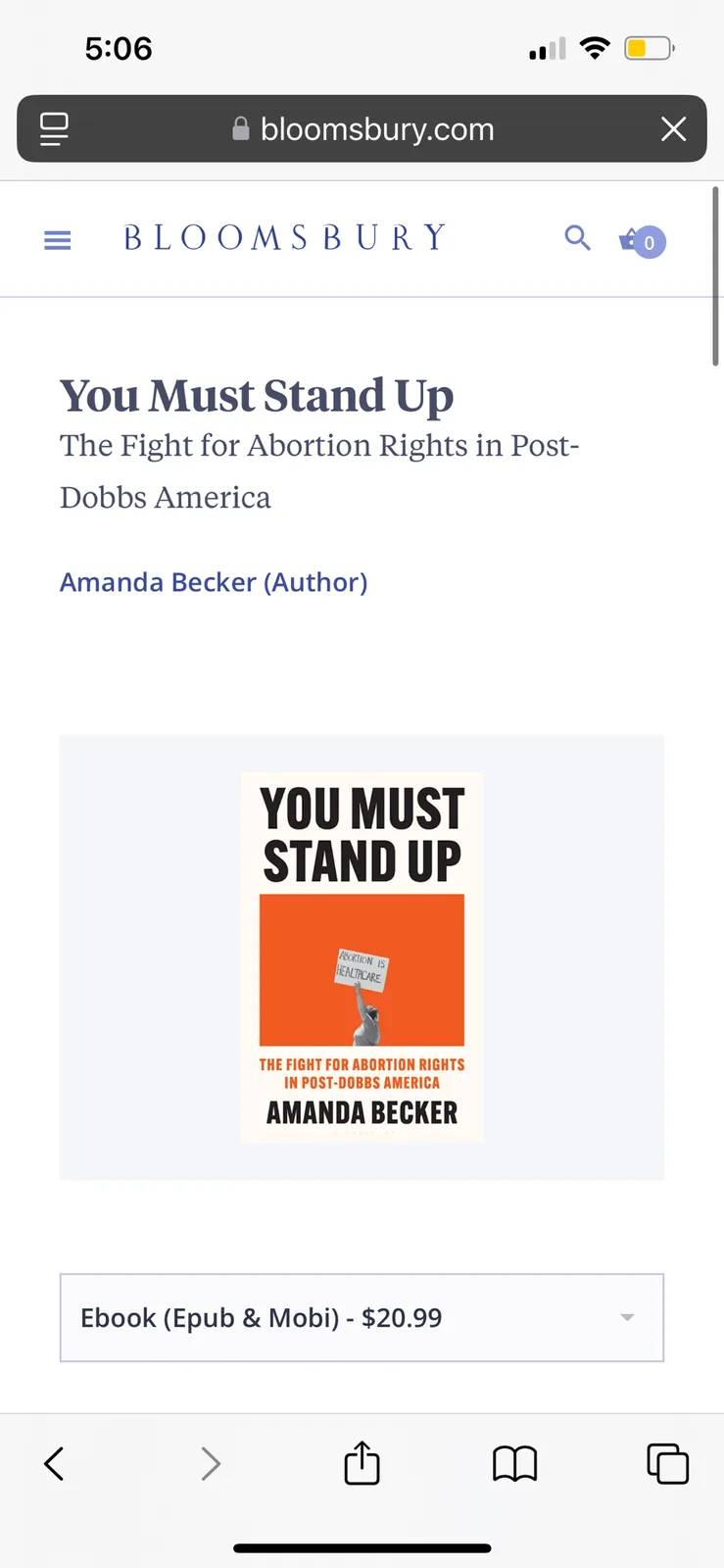 A smartphone screenshot shows a Bloomsbury.com webpage for the book 'You Must Stand Up' by Amanda Becker, featuring the book…