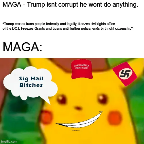 The image shows Pikachu with a speech bubble saying 'Sig Hail Bitches' and two hats floating above its head: a red 'Make…