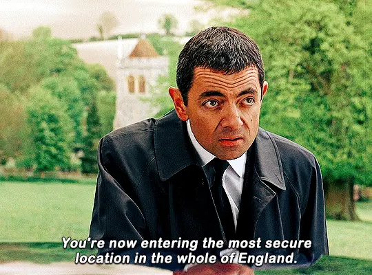 Six panels show actor Rowan Atkinson as Mr. Bean, wearing a black coat and tie, with a progressively more horrified and then…
