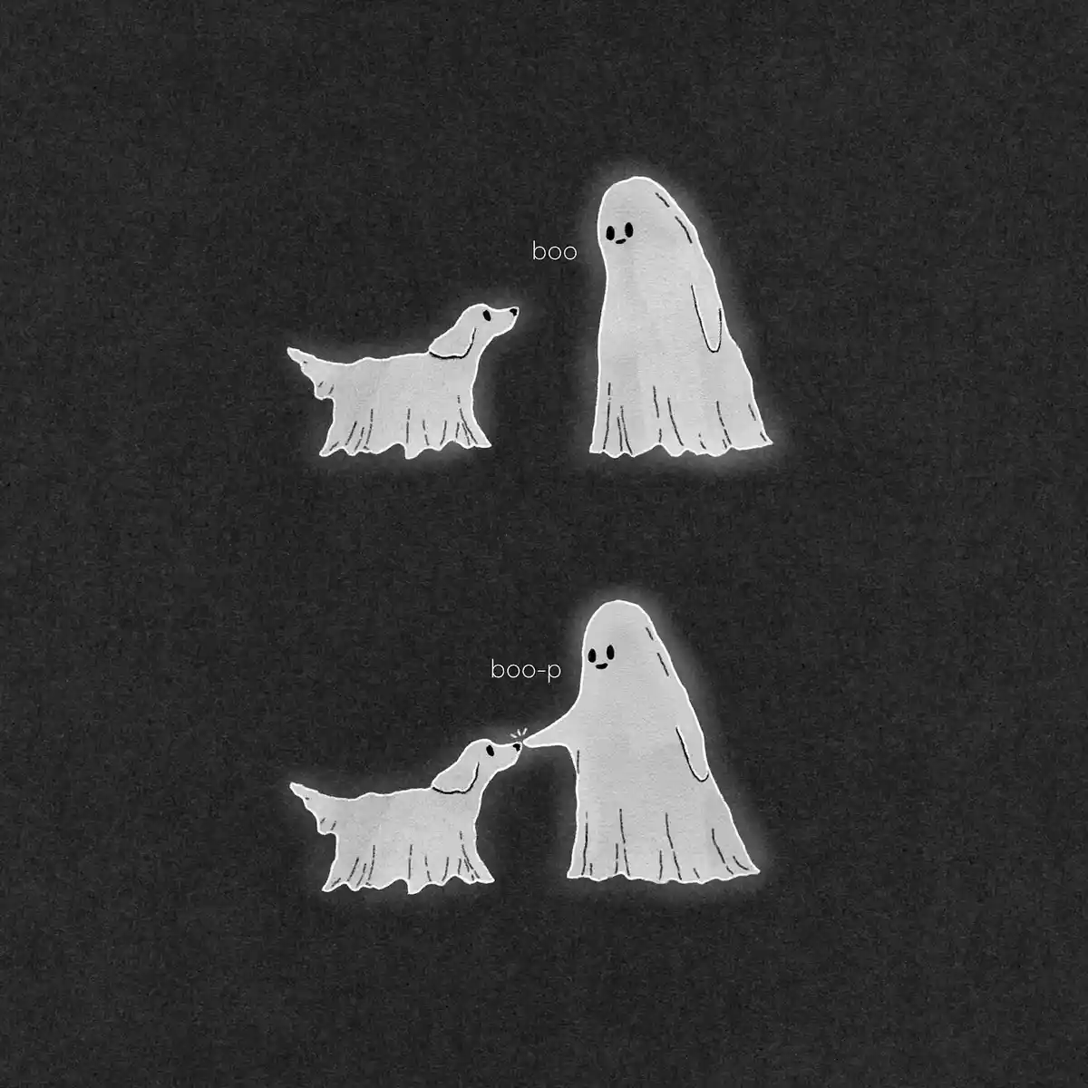 Two panels show a cartoon dog and ghost. In the top panel, the dog looks up at the ghost with the text 'boo'. In the bottom…