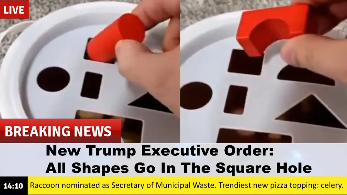 A split-screen image shows a hand placing a red cylindrical block into a square hole on a white shape-sorting board. The…