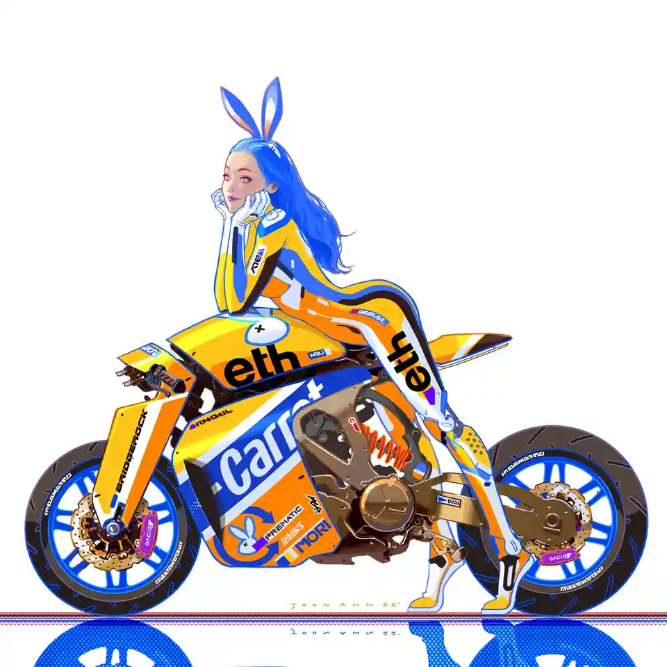 An anime-style illustration shows a blue-haired woman with bunny ears sitting on a yellow and blue motorcycle, wearing a…