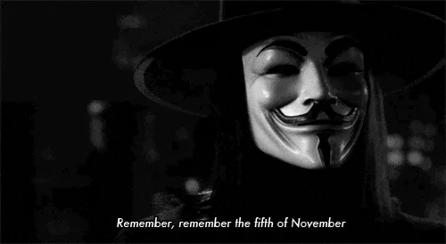 A black-and-white image shows six identical panels of a person wearing a Guy Fawkes mask and a wide-brimmed hat, set against…