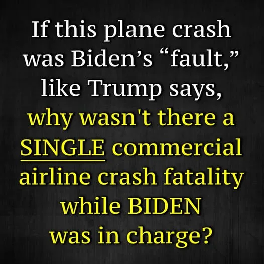 A black textured background displays white and yellow text questioning the claim that Biden is responsible for a plane…