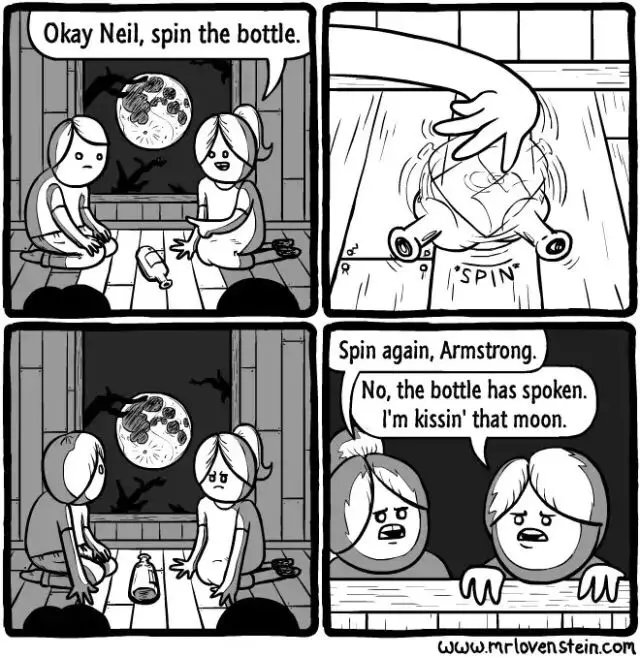 A four-panel black-and-white comic strip shows two people playing spin the bottle. In the first panel, one person says 'Okay…
