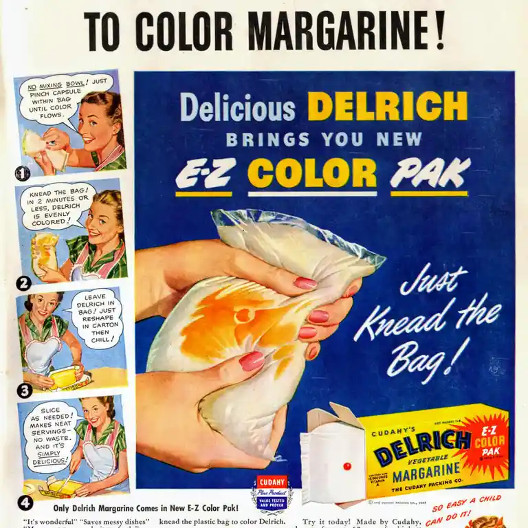 This vintage 1947 advertisement for Delrich margarine features a woman kneading a plastic bag to color the product, with…