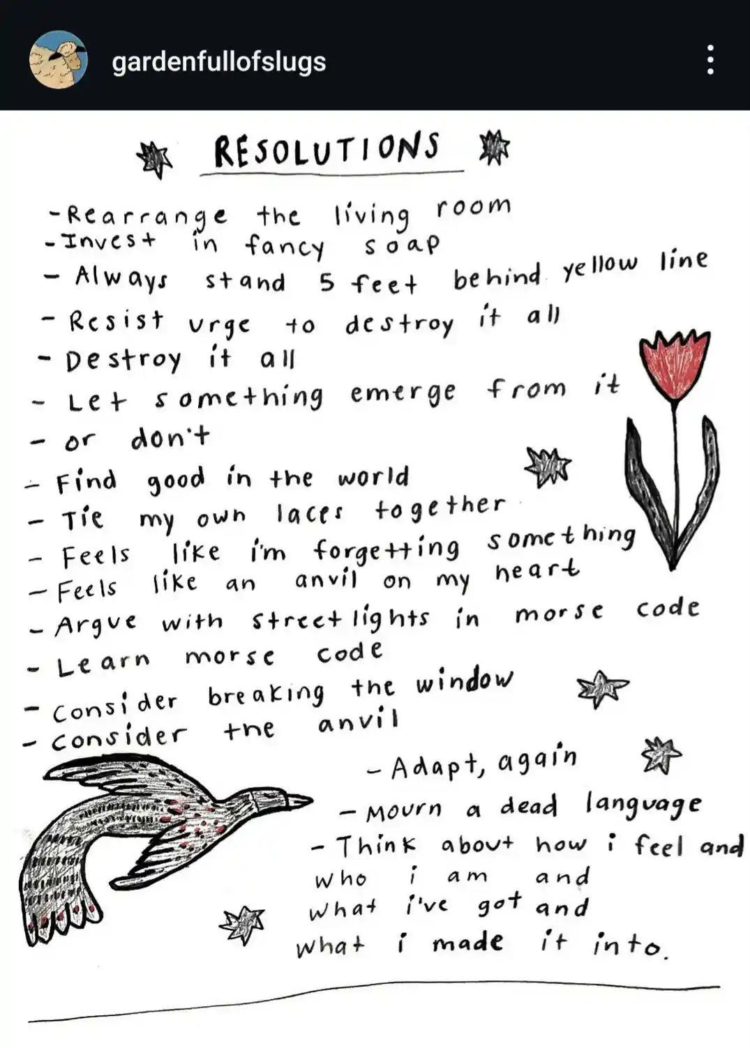A hand-drawn list titled 'RESOLUTIONS' with whimsical, self-deprecating goals like 'Invest in fancy soap' and 'Argue with…