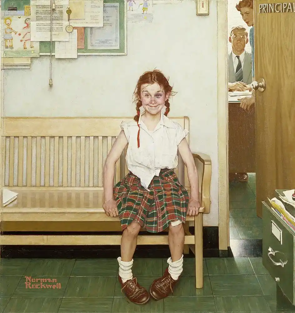 A Norman Rockwell painting depicts a young girl with a bruised eye sitting on a wooden bench in a school office, smiling…