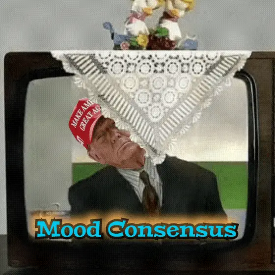 An old television set displays a photo of Donald Trump wearing a red 'Make America Great Again' hat, with a white lace doily…
