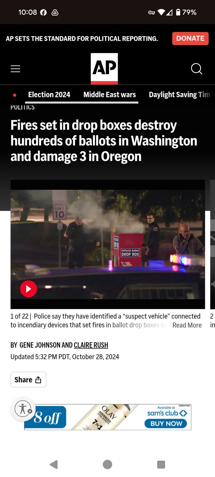 A screenshot of an Associated Press news article about fires destroying ballots in Washington and Oregon, showing a red…