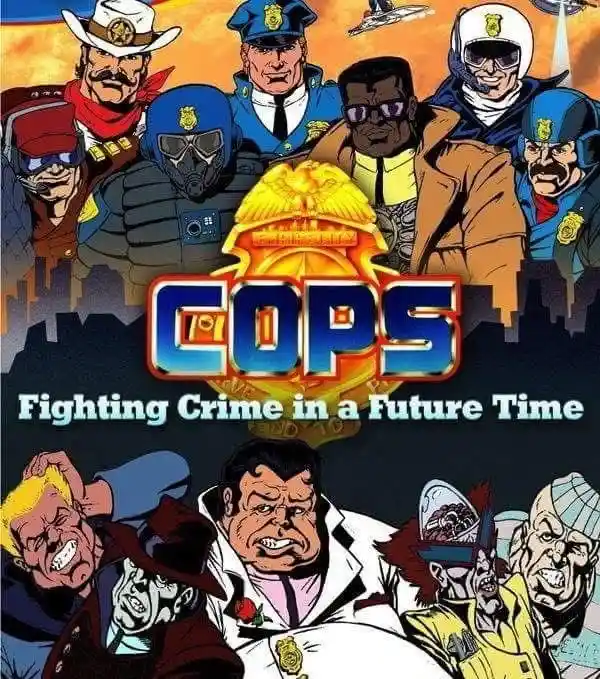 The image is a promotional poster for the 1980s animated TV show 'COPS', featuring a group of diverse police officers in…