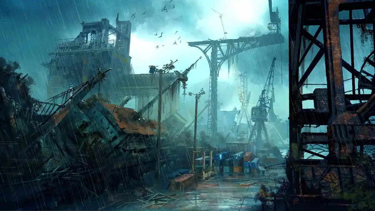 A dark, rainy, and desolate industrial wasteland with broken cranes, rusted metal structures, and scattered debris under a…