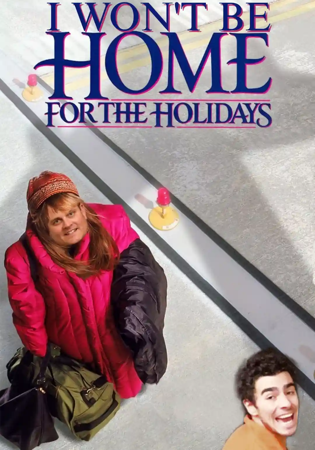 An image of a person in a bright pink jacket and patterned hat sitting on a moving walkway with luggage, overlaid with the…