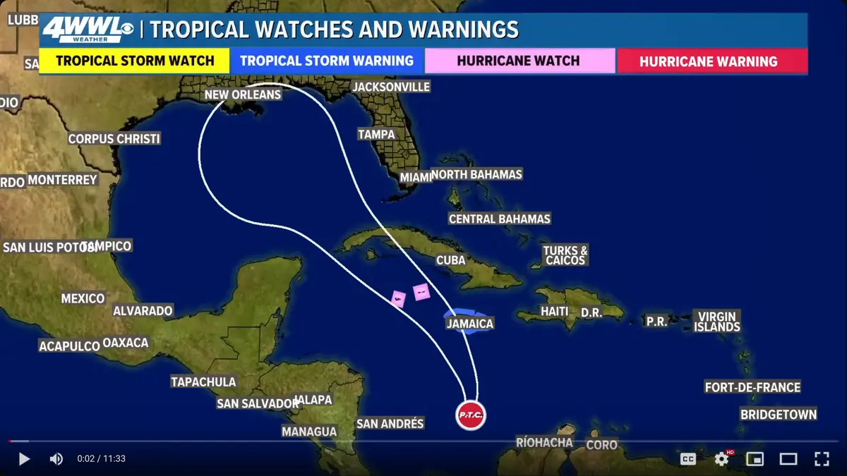 A weather map from 4WWL Weather shows a tropical storm's projected path across the Caribbean and Gulf Coast, with a red…