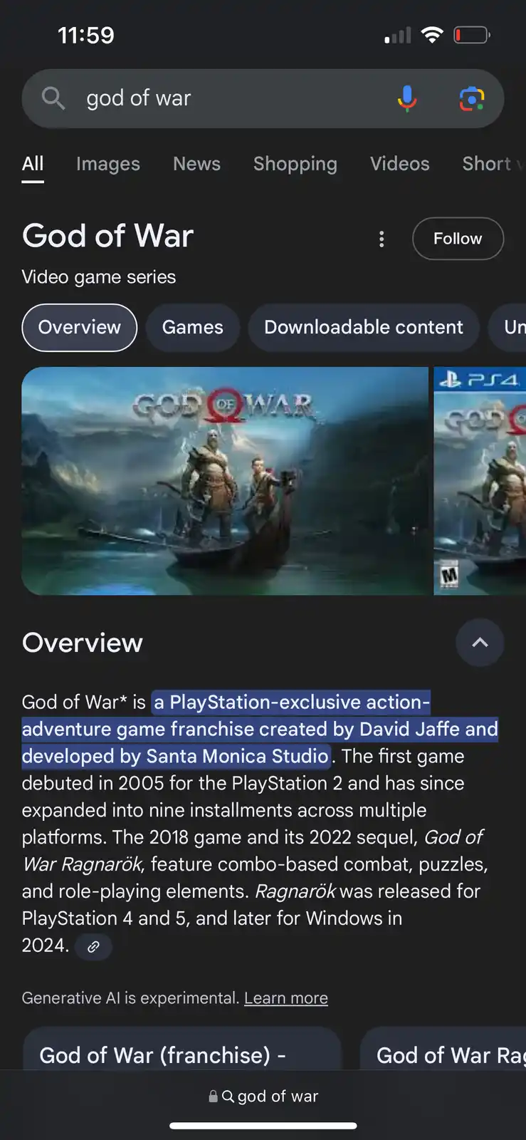 A screenshot of a Google search result for 'god of war' shows the overview section with text highlighting that it is a…