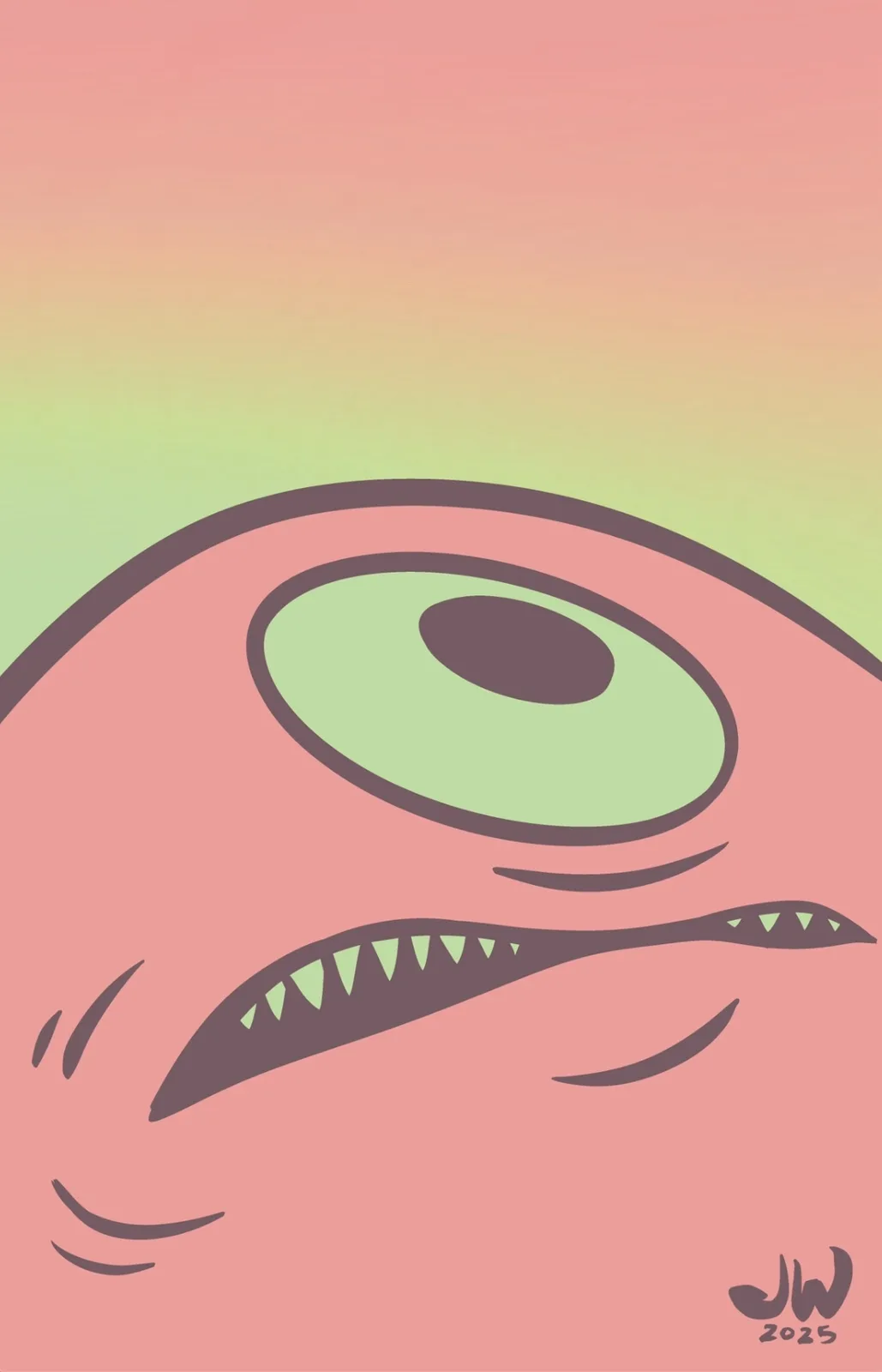 A stylized cartoon illustration shows a pink, round creature with a single large green eye and a wide, toothy grin against a…