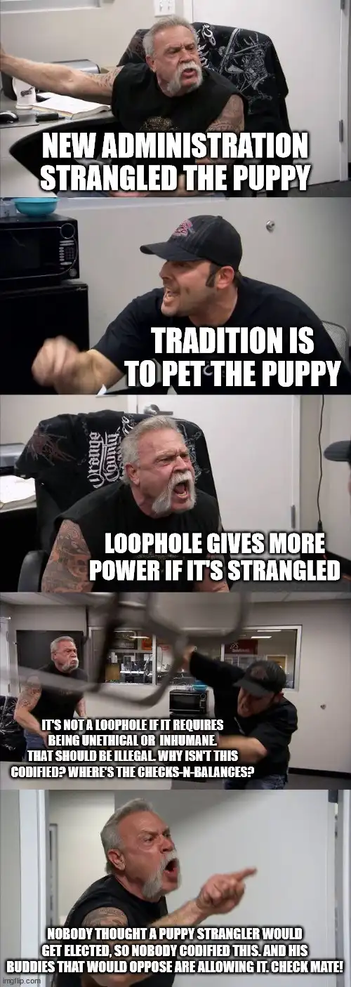 A five-panel meme featuring two men in an office setting. The first man, with a white beard and tattoos, gestures angrily…