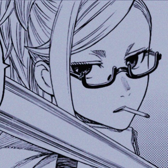 A black-and-white manga-style illustration of a young woman with glasses, her hair in a ponytail, holding a sword across her…