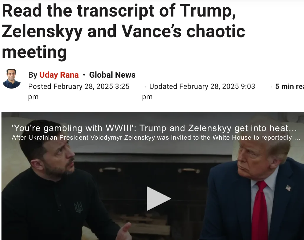 A screenshot of a news article header showing a video thumbnail of Donald Trump and Volodymyr Zelenskyy seated across from…