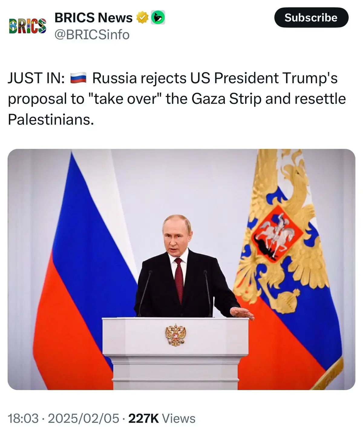 A screenshot of a BRICS News social media post featuring a photo of Russian President Vladimir Putin standing at a podium…