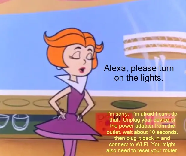 A cartoon woman with orange hair and a purple dress stands in a room, looking frustrated as overlaid text shows her asking…